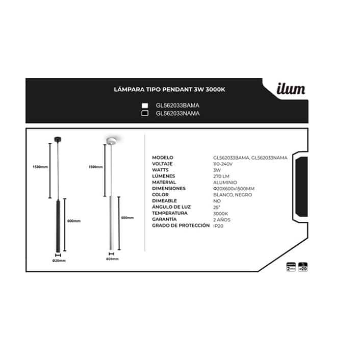 Lámpara pendant LED 3W blanca