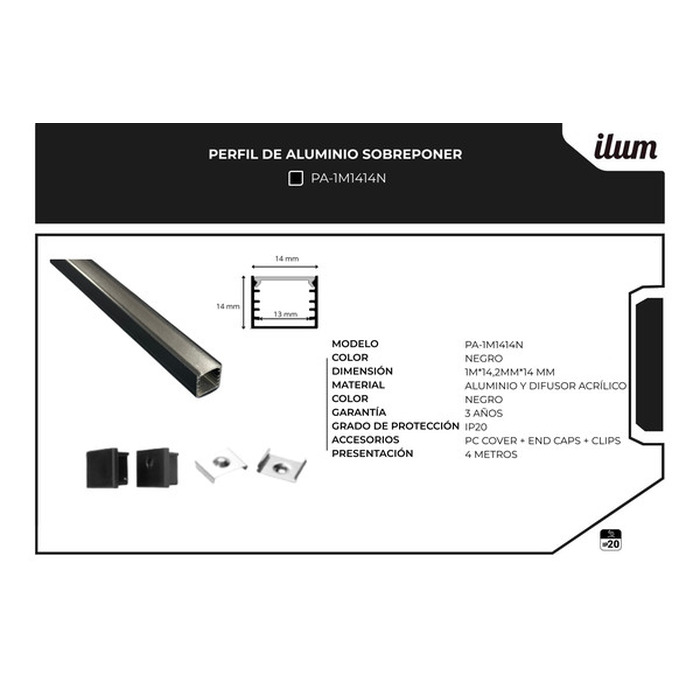 Perfil de aluminio 14x14mm negro 1M con difusor negro