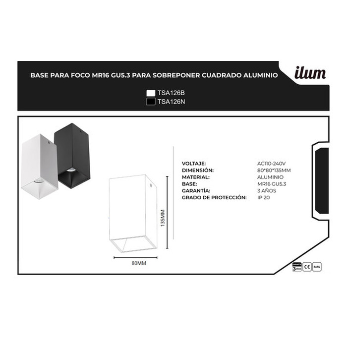 Base aluminio MR16 sobreponer cuadrada negra