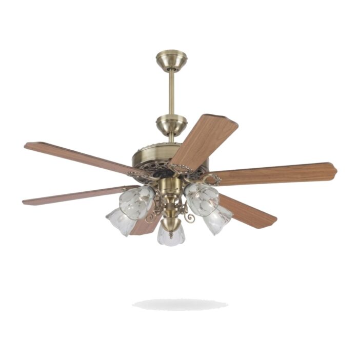 Ventilador de techo 52" latón antiguo ornamentado con 5 luces
